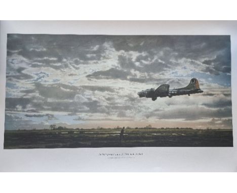 WW2 Colour Print Titled On Final Approach / Station 153 / Framlingham / England by Merv Corning. Measures 35x21 inches appx. 