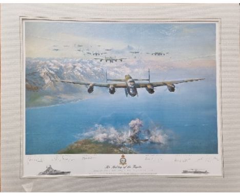 WW2 Colour Print Titled The Sinking Of The Tirpitz by Frank Wooten. Limited 24 of 850. Multi Signed in Pencil by Frank Wooten