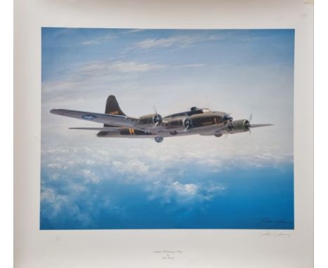 WW2 Colour Print Titled Lancaster Under Attack by Robert Taylor. Presentation copy. Signed in Pencil by Bill Reid V.C, Martin