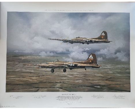WW2 Colour Print Titled Valor At Polebrook by David B Poole. Multi Signed in Pencil by The Artist David Poole, Sergeant Josep