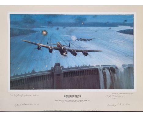 WW2 Colour Print Titled Dambusters by Mark Postlethwaite. Limited 42 of 617. Multi Signed in Pencil by Mark Postlethwaite the