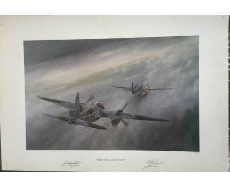WW2 Colour Print Titled TWO DOWN, ONE TO GO by Chris Stothard. Signed by the Artist. Signed in Pen by Flight Lieutenant 'Joe'