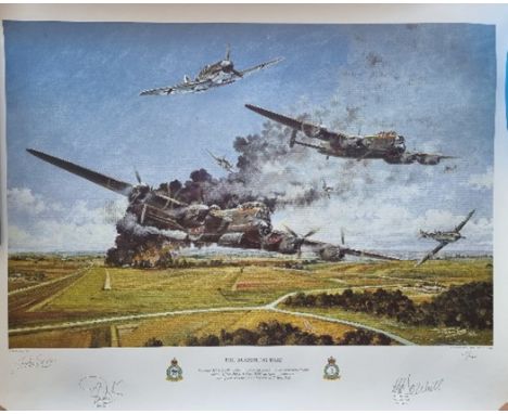 WW2 Colour Print Titled The Augsburg Raid by Gordon Sage. Limited 65 of 300. Multi Signed in Pencil by Gordon Sage The Artist