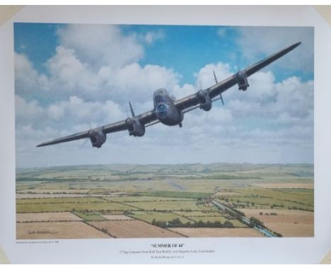 WW2 Colour Print Titled Summer Of 44 by Keith Woodcock. 57 Sqn Lancaster from RAF East Kirby Over Hamngbay Lock Lincolnshire.