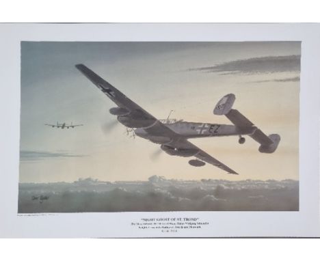 WW2 Colour Print Titled Night Ghost of ST. Trond The Messerschmitt BF 110-G4 of Major Heinz-Wolfgang Schnaufer Knights Cross 