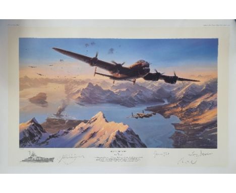 WW2 Colour Print Titled Sinking The Tirpitz by Nicolas Trudgian. Limited 56 of 550 Multi Signed in Pencil by Nicolas Trudgian