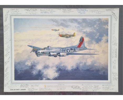 WW2 Colour Print Titled Favourite Lady by John Young G.Av.A. Multi Signed by 39 veterans William Boyd, Ralf Day, James Graves