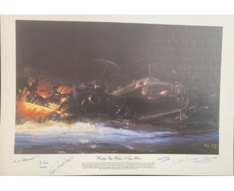 WW2 Colour Print Titled HANDLEY PAGE HALIFAX S-SUGAR W1048 by CHRIS GOLDS. Signed by the artist and signed in Pen by SIGNED b