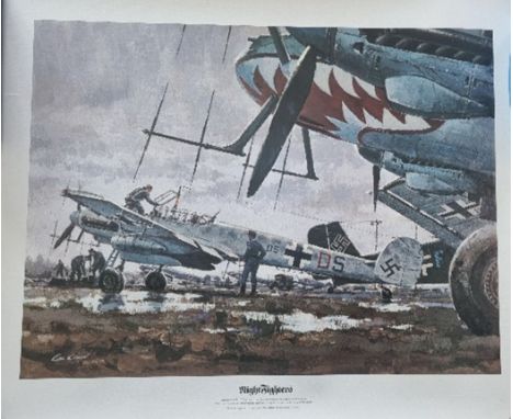 WW2 Colour Print Titled Night Sighters by Gil Cohen. Measures 30x24 inches appx. Very Good Condition. All autographs are genu