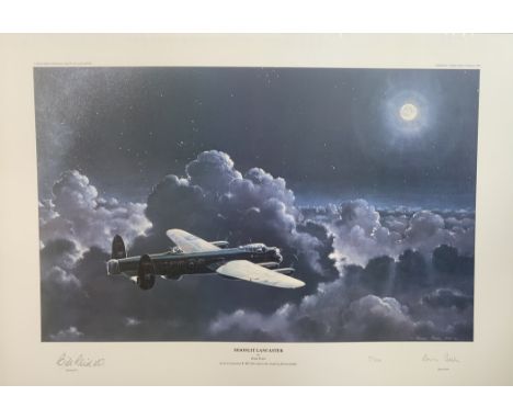 WW2 Colour Print Titled Moonlit Lancaster by Brian Petch. Signed in pencil by Brian Petch and Bill Reid. Limited 141/500. Mea