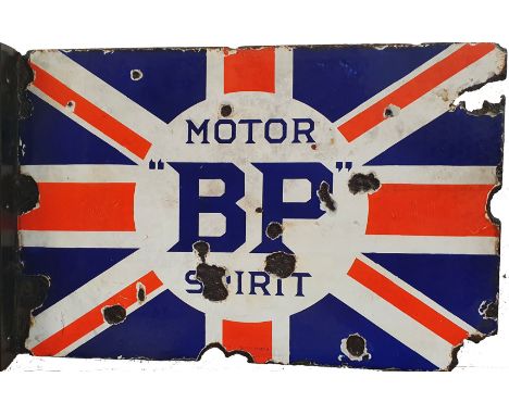 A double side, wall mounted, vitreous enamel BP Motor Oil Spirit sign, restored bracket, 41 x 61 cm.