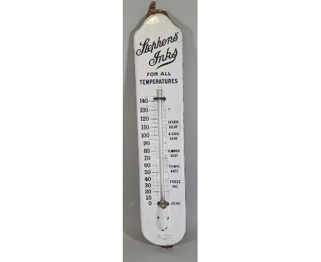 A vitreous enamel advertising thermometer, Stephens' Inks, glass broken, with spare thermometer, 90 cm. 