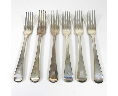 A set of six George III silver Old English pattern table forks, London 1807, 375g, each 20cm long, bearing the monogram BAll 