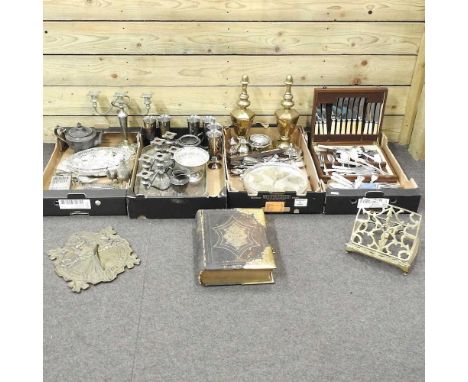 A collection of silver plate and metalwares, together with a Victorian family Bible and a brass sundial