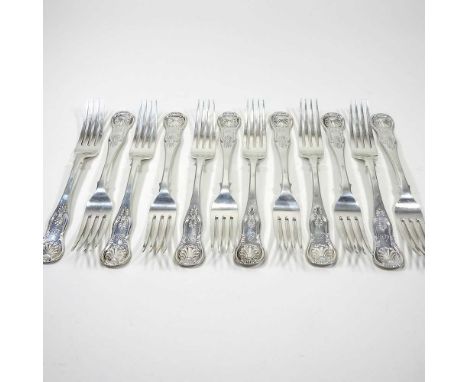 A set of twelve William IV Scottish silver Kings pattern table forks, bearing monogram EA, by Mackay and Chisholm, Edinburgh 