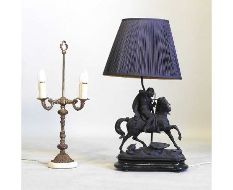 A figural metal table lamp and shade, 75cm high overall, together with a brass four branch table lamp, 65cm high (2)Both are 