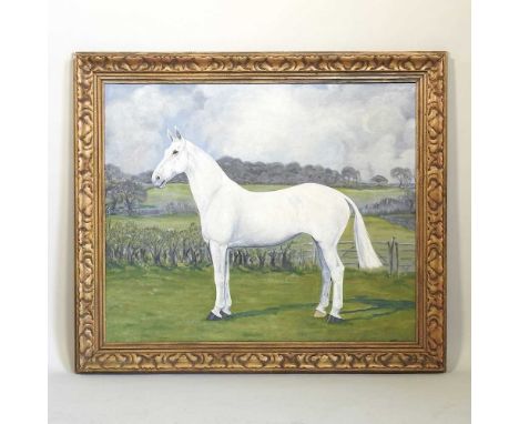 English school, 20th century, portrait of a white horse, oil on canvas, signed with monogram, 62 x 75cm