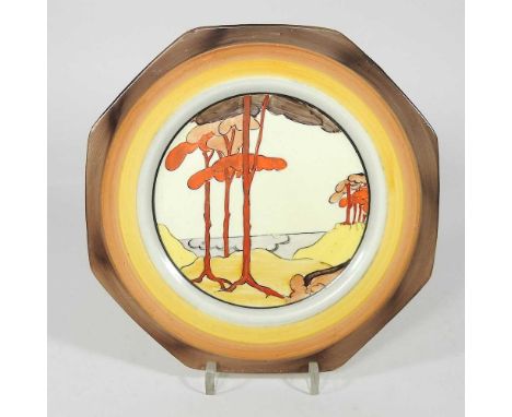 A Clarice Cliff Coral Firs pattern plate, circa 1933, of octagonal shape, painted in Coral Firs pattern, within a brown rim, 