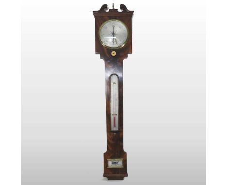 A 19th century mahogany cased stick barometer, having a silvered 6inch dial, inset thermometer and spirit level below, 96cm h