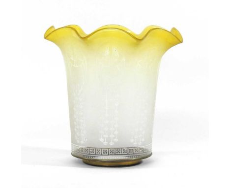A large yellow glass light shade, with etched decoration and 9cm brass aperture