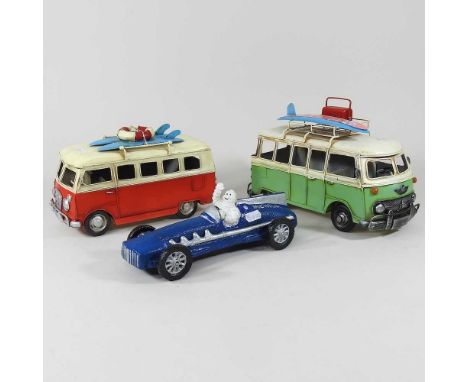 A metal model of a camper van, 25cm long, together with another smaller and a Michelin advertising model car (3)