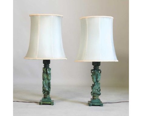 A pair of Chinese carved hardstone table lamps, with shades, 89cm high overallOverall complete and stable. Some slight losses