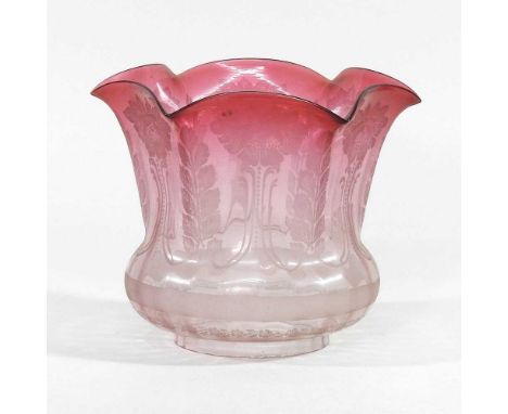 A pink etched glass oil lamp shade, with a frilled edge, aperture 9.5cmDirty, with light surface marks. Some fine chips aroun