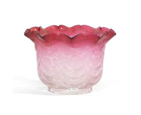 A pink etched glass oil lamp shade, decorated with flowers, aperture 9.5cmOverall condition is dirty. Light surface marks. So