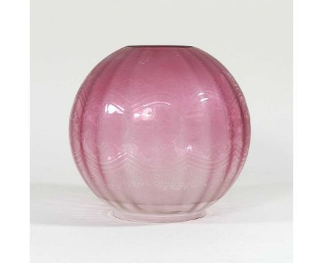 A pink etched glass oil lamp shade, aperture 9.5cm