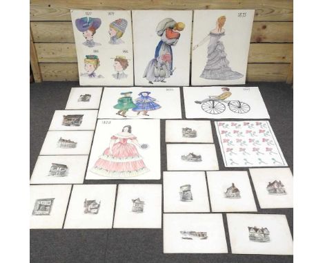 A collection of fabric and fashion designs, watercolour, largest 56 x 41cm, together with a collection of studies of Ipswich 