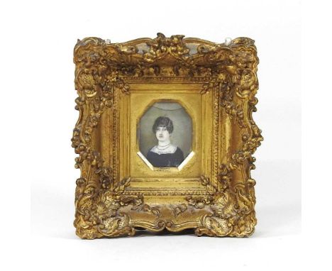 English school, 19th century, miniature portrait of Mary Anne Archer, oil on ivory, 8 x 6cm, in a large ornate gilt frame ges