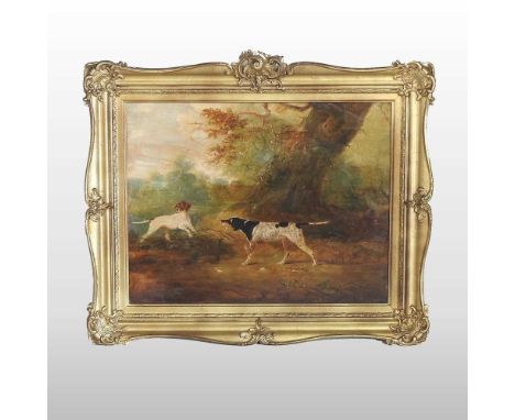 English school, 19th century, dogs hunting in woods, oil on board, 42 x 56cm, in a gilt frame