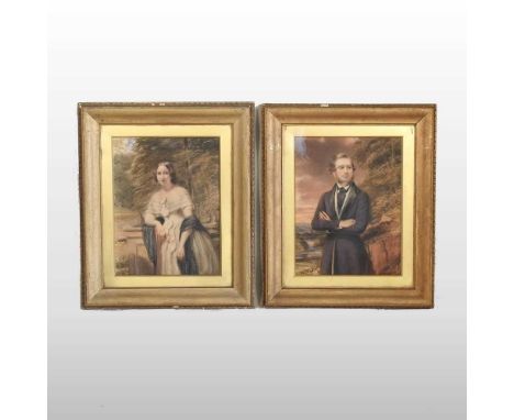 English school, circa 1860, portrait of a gentleman in a garden, together with another, of a young lady, watercolour, 43 x 33