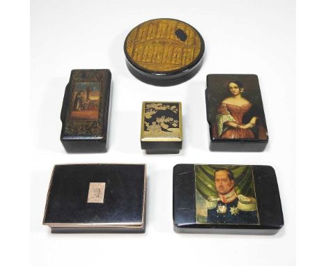 An early 19th century continental papier mache box and cover, inscribed Datchzeiger and dated 1827, 9cm diameter, together wi