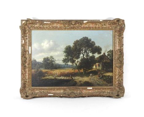 Frans Keelhoff, 1820-1891, country landscape with figures before a cottage, signed and dated 1850, oil on panel, 39 x 56cmOve