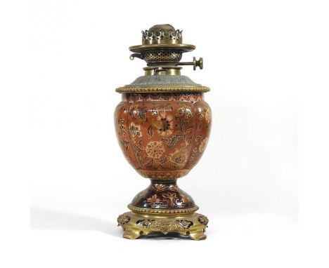 A brass and majolica style oil lamp base, 37cm high