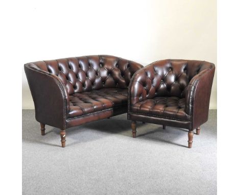 A brown upholstered button back three piece suite, comprising a sofa and a pair of matching armchairs (3)140w x 78d x 60h cm 