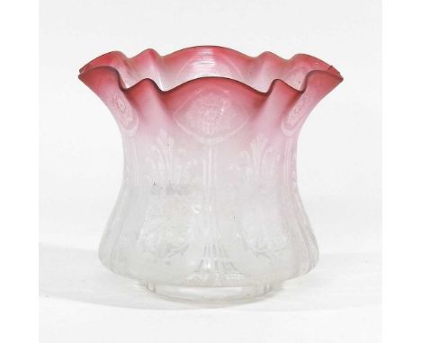 A clear and pink etched glass oil lamp shade, aperture 9cm