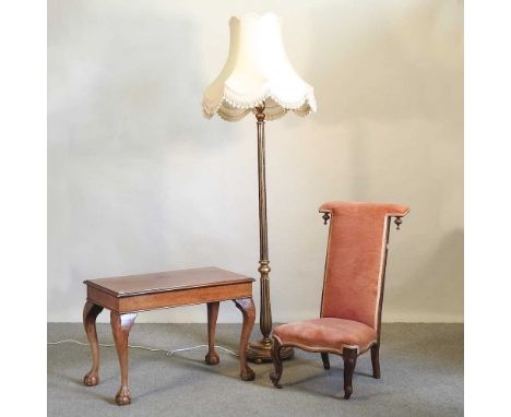 A gilt painted standard lamp and shade, 196cm high overall, together with a Victorian prie dieu chair and an early 20th centu