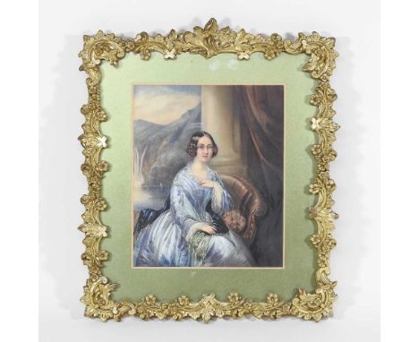Continental school, 19th century, portrait of a lady seated in an interior, watercolour and gouache on paper, 24cm x 20cm, in