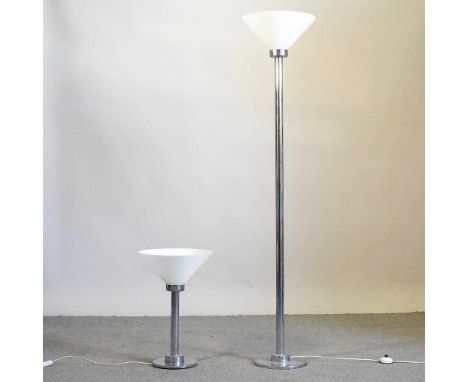 An Art Deco chrome standard lamp, with an opaque glass shade, 164cm high, together with a matching table lamp (2)