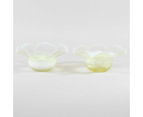 A pair of vaseline glass light shades, aperture 2.5cm (2)Both are dirty with light surface marks. Some wear around the apertu