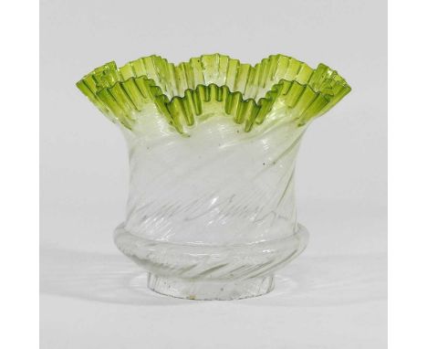 A clear and green glass oil lamp shade, with twisted design and frilled edge, aperture 9.5cm