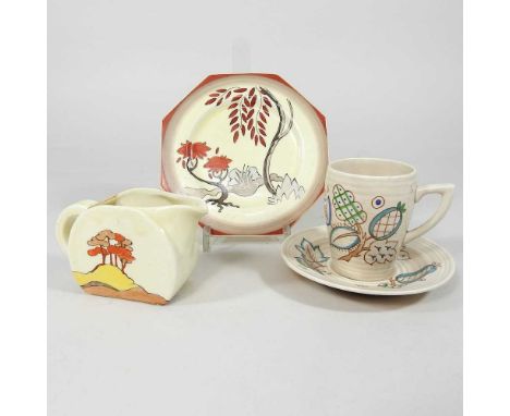 A Clarice Cliff Coral Firs pattern cream jug, circa 1933, of Stamford shape, printed Bizarre mark to base, 7cm high, together
