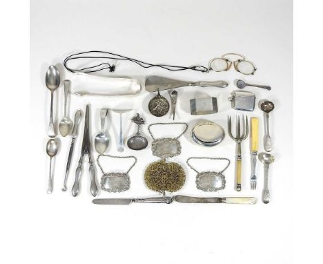 Three silver decanter labels, together with a silver vesta case, a napkin ring, various Georgian and later spoons, a snuff bo