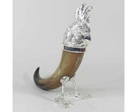 A novelty horn inkwell with silver plated mount in the form of a parrot, 31cm high