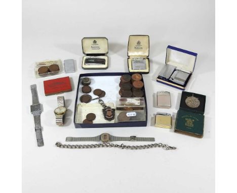 A collection of pre-decimal coins, vintage lighters, a Festival of Britain medal and wristwatches