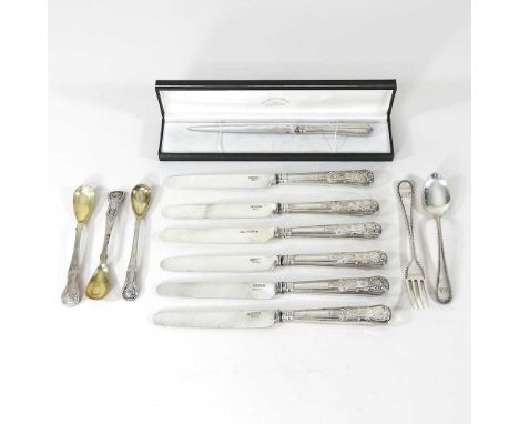 A collection of silver cutlery, to include four spoons and a fork, 100g gross, a presentation paper knife, cased and a set of