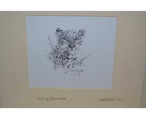 David Shepherd, three small signed black and white prints, Panda, Hippopotamus and Leopard, together with a signed black and 