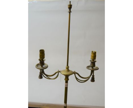 Two branch brass standard lamp, together with a brass table lamp, with Toleware shade 